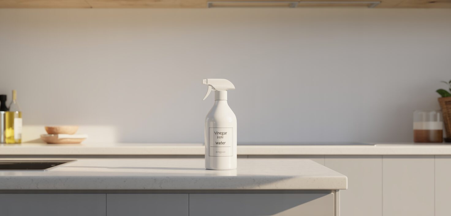 Ett fotorealistiskt foto av en vit sprayflaska med ättika och vatten, placerad på en minimalistisk köksbänk i ljusa färger. Fokus på enkelhet och renhet.