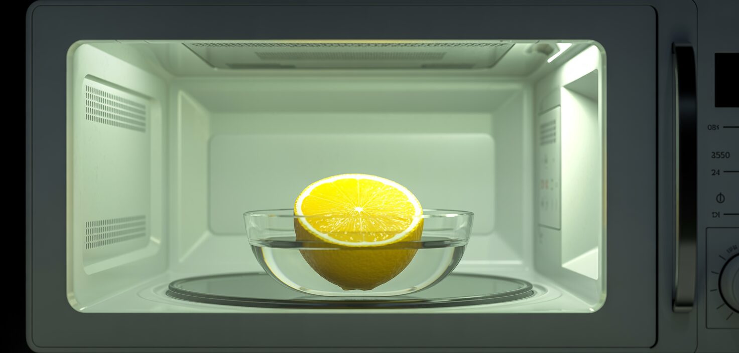 En fotorealistisk bild av en citronhalva i en mikrovågsugn.
