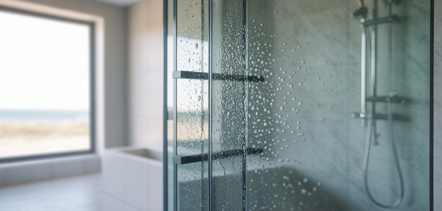 Ett fotorealistiskt fotografi av en duschvägg i glas med kalkavlagringar, belyst av starkt ljus.