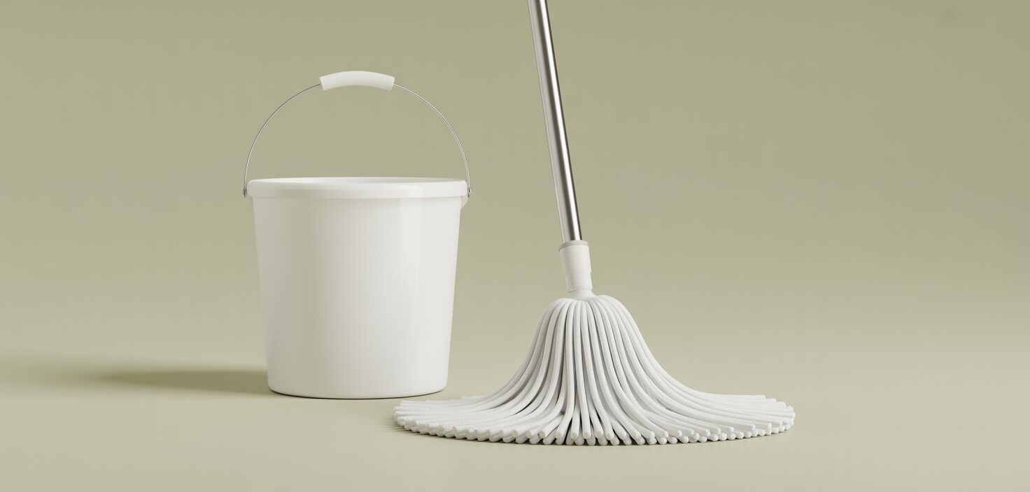 En minimalistisk bild av en städutrustning, med fokus på en hink och mopp, representerar hemstädning.