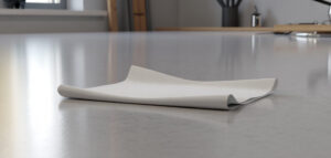 En fotorealistisk bild av en minimalistisk mikrofiberduk i vitt, placerad på en blank, grå yta. Fokus ligger på textur och detaljer.