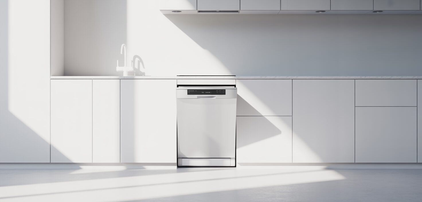 Ett minimalistiskt kök med en ren och vit diskmaskin, fotograferat i naturligt ljus. Inga andra föremål synliga.