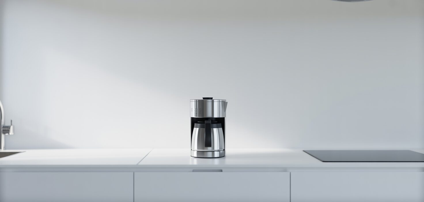 En ren kaffebryggare i rostfritt stål på en minimalistisk köksbänk.