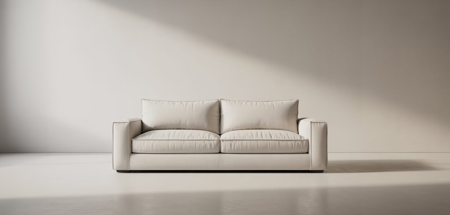 En fotorealistisk bild av en ren, ljus tygsoffa i ett minimalistiskt vardagsrum.