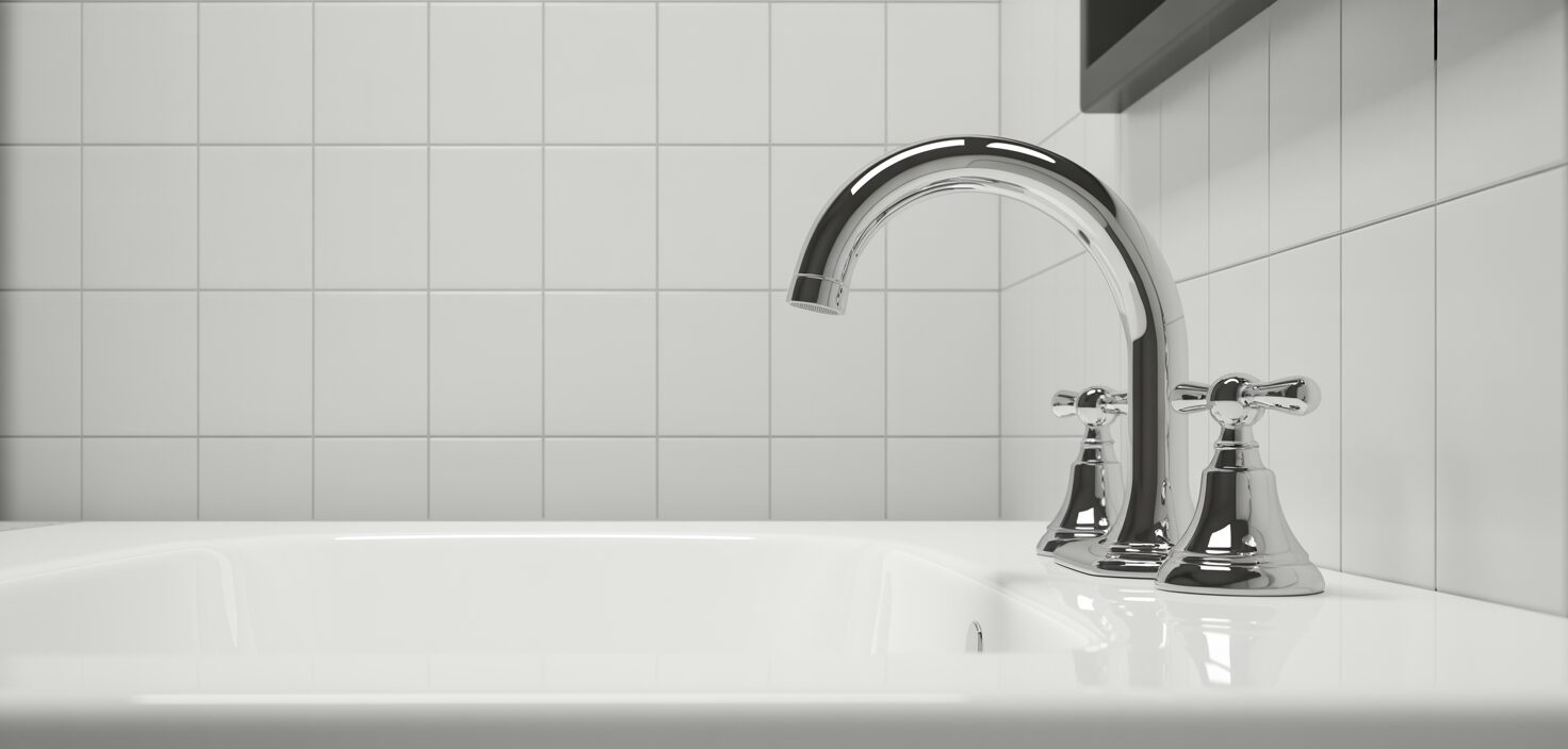 Ett minimalistiskt badrum med rent vitt kakel och en skinande kromkran.