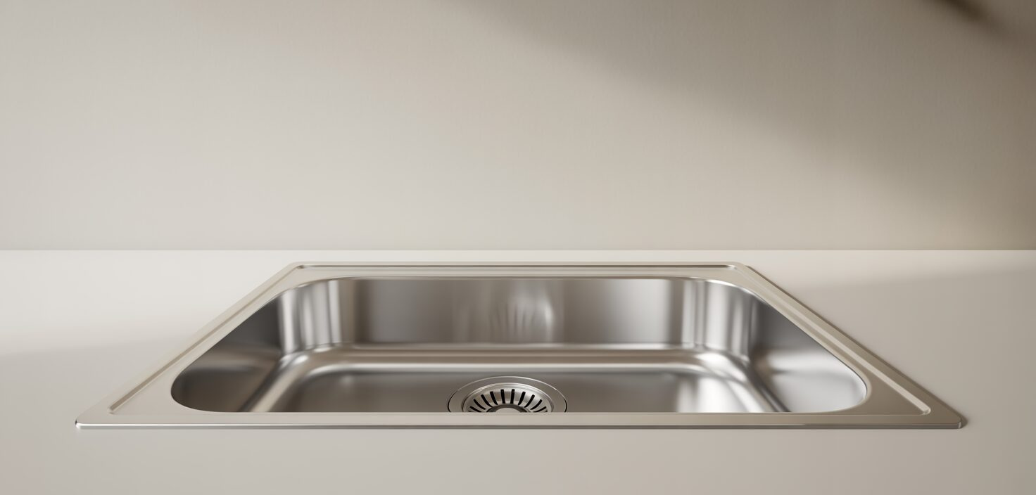 Ett rent och minimalistiskt kök med en diskbänk i rostfritt stål, skinande ren efter rengöring med bikarbonat.