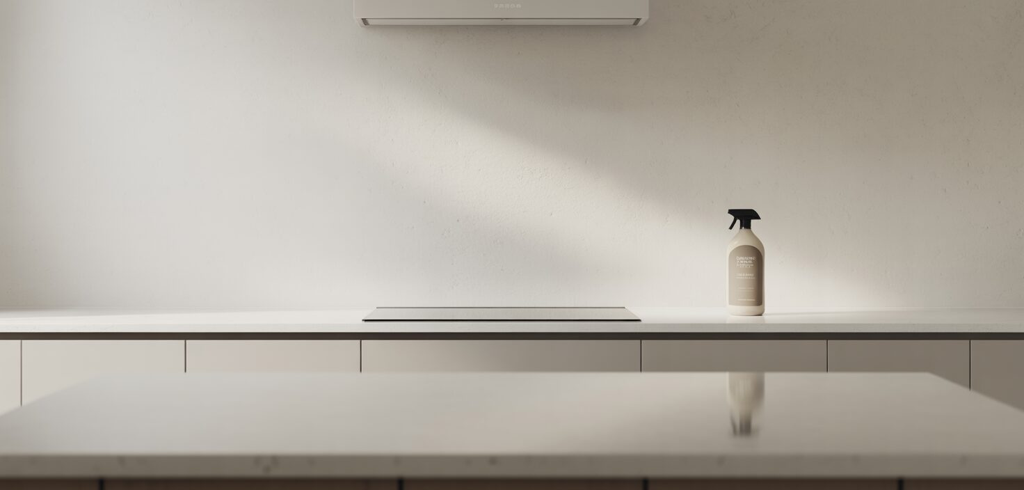 Ett minimalistiskt kök med rent bänkskiva och en flaska rengöringsmedel.
