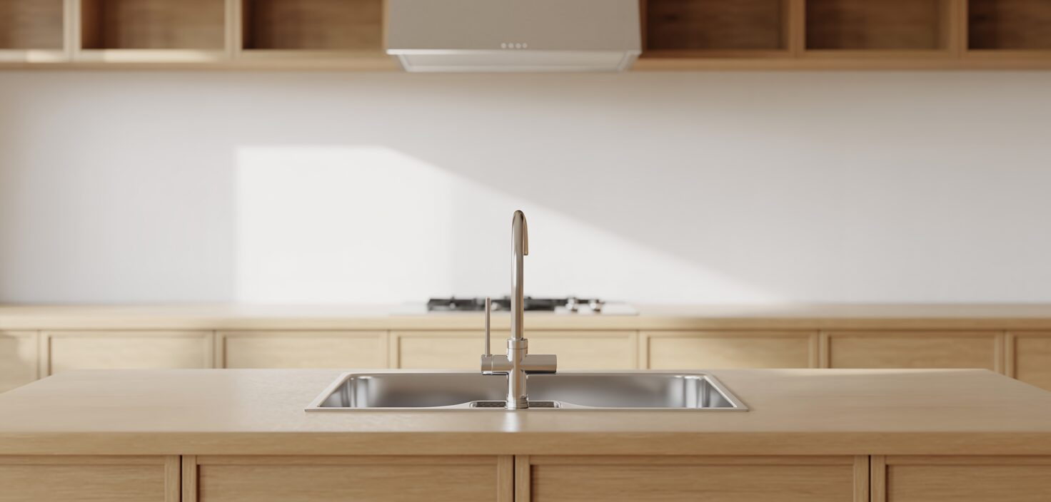 En ljus, minimalistisk interiörbild av ett skinande rent kök med ljusa trädetaljer, som symboliserar städning och renhet.