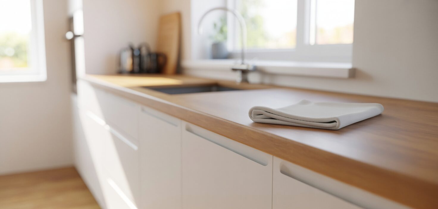 Ett rent, minimalistiskt kök med vita skåp, bänkskiva i trä och en ensam, perfekt placerad disktrasa.