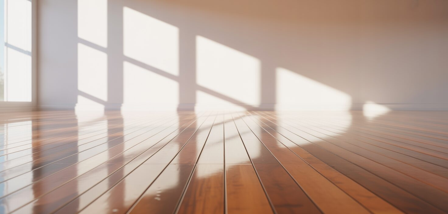 En minimalistisk interiörbild av ett nylackat trägolv med naturligt ljus.